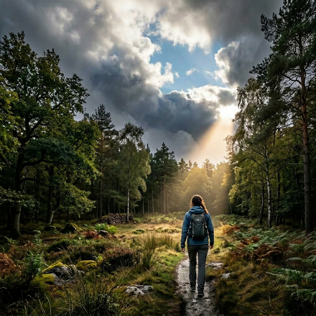 A lone hiker walking on a coastal trail with sunlight shining through dark clouds over the ocean