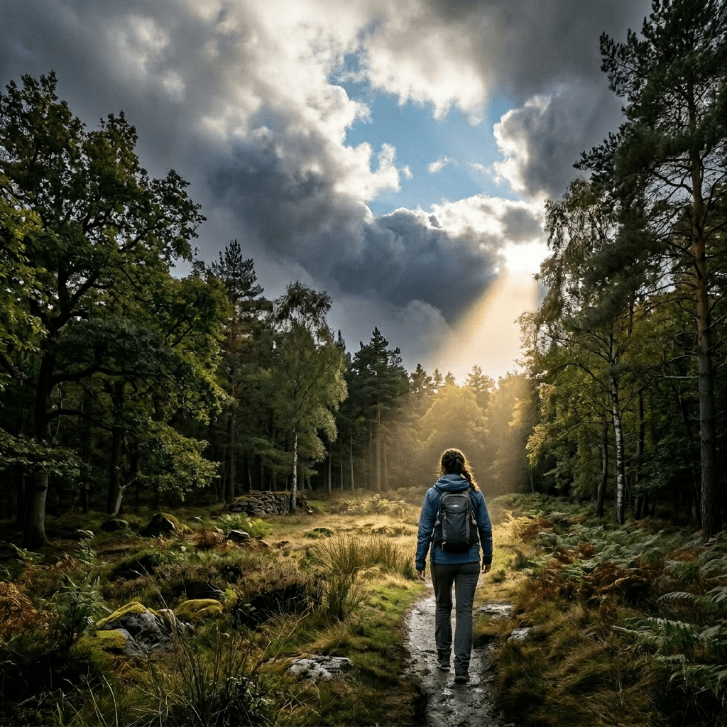 A lone hiker walking on a coastal trail with sunlight shining through dark clouds over the ocean